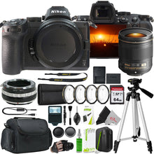 Nikon Z 5 Mirrorless Digital Camera with AF-S NIKKOR 28mm f/1.8G Lens and F to Z Adapter Enhanced Macro Kit by Nikon, including lens caps, filters, tripod, memory card, bag, battery, charger, strap, cleaning tools, remote—plus 4K video—all arranged neatly.