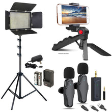 Smartphone Essentials for YouTubers Podcasters with 2-Person Wireless Mic Set, LED Light Panel, Phone Holder + More