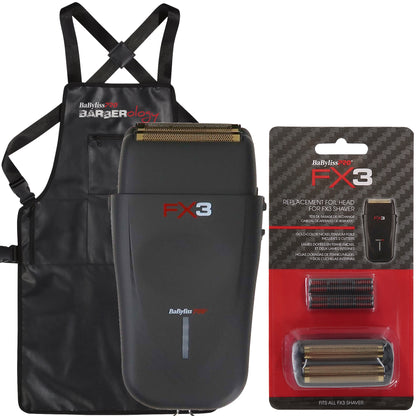 BaByliss Pro FX3 Professional High-Speed Foil Shaver Black #FXX3SB with BaByliss Pro FX3 Replacement Foil Head for FX3 Shaver #FXX3RFB and Barber Apron
