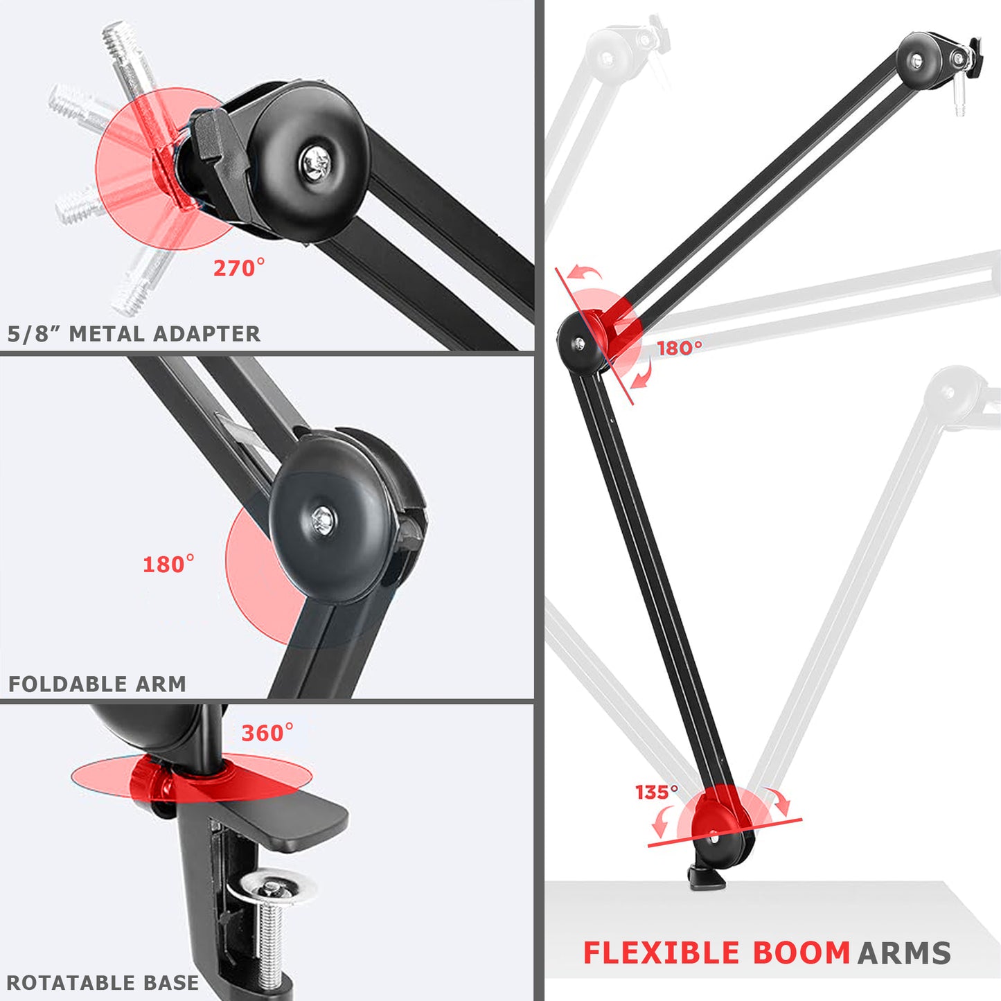 Boya BY-BA20 Aluminum Alloy Desk Holder Microphone Stand Bracket with Desk Mount & 5/8” to 3/8” Screw Heavy-Duty Microphone Arm Stand Adjustable & Foldable for Streaming, Podcast, Video Gaming, Recording