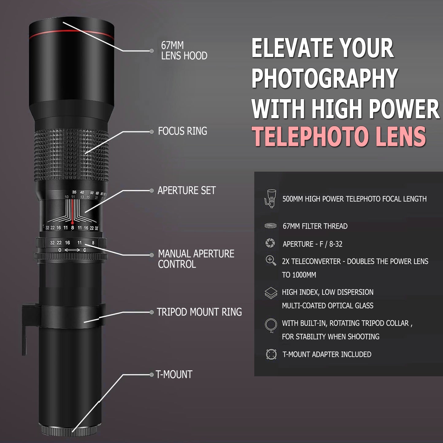 500mm/1000mm f/8 Manual Super Telephoto Lens for Canon EOS Rebel T7 T8i 5D IV 6D II 90D T100 SL3