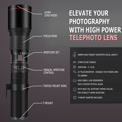 500mm/1000mm f/8 Manual Super Telephoto Lens for Canon EOS Rebel T7 T8i 5D IV 6D II 90D T100 SL3