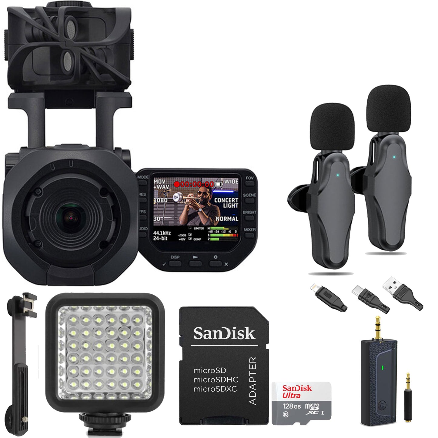 Zoom Q8n-4K Handy Video Recorder with Dual Wireless Lavelier Mic Set, Video LED Light & Memory Card