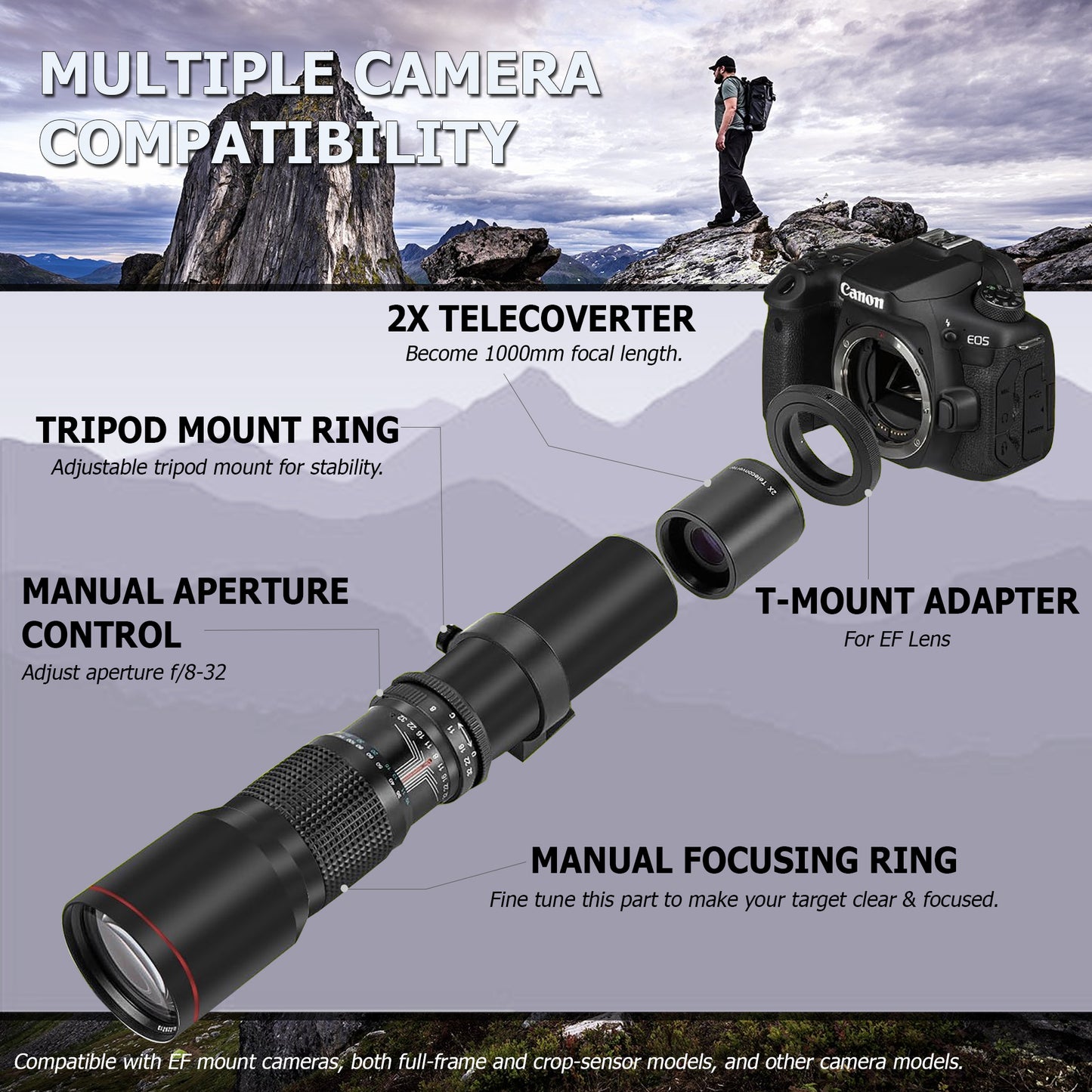 500mm/1000mm f/8 Manual Super Telephoto Lens for Canon EOS Rebel T7 T8i 5D IV 6D II 90D T100 SL3