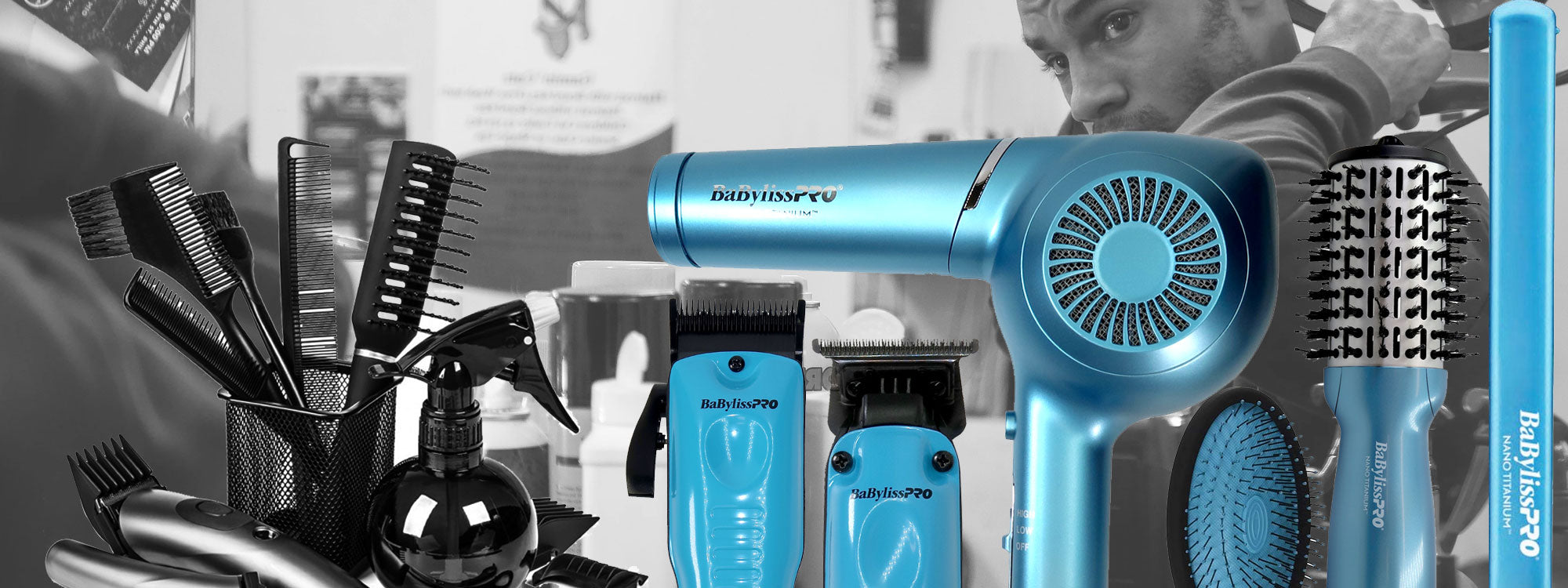 Banner for health and beauty products, featuring a hair dryer, styling tools, and a person's headshot