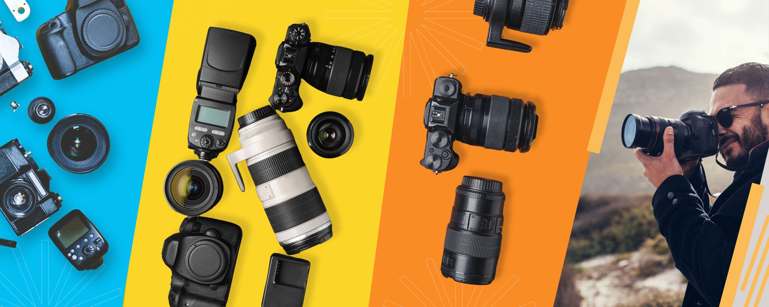 Banner for cameras and lenses, showcasing various camera bodies and lenses for diverse photography.
