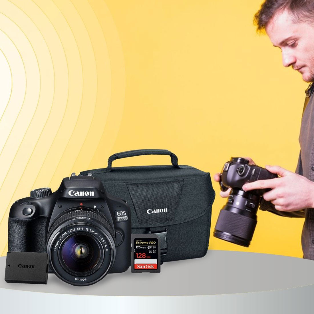 Banner promoting photography equipment, featuring a camera kit and a person actively using a camera