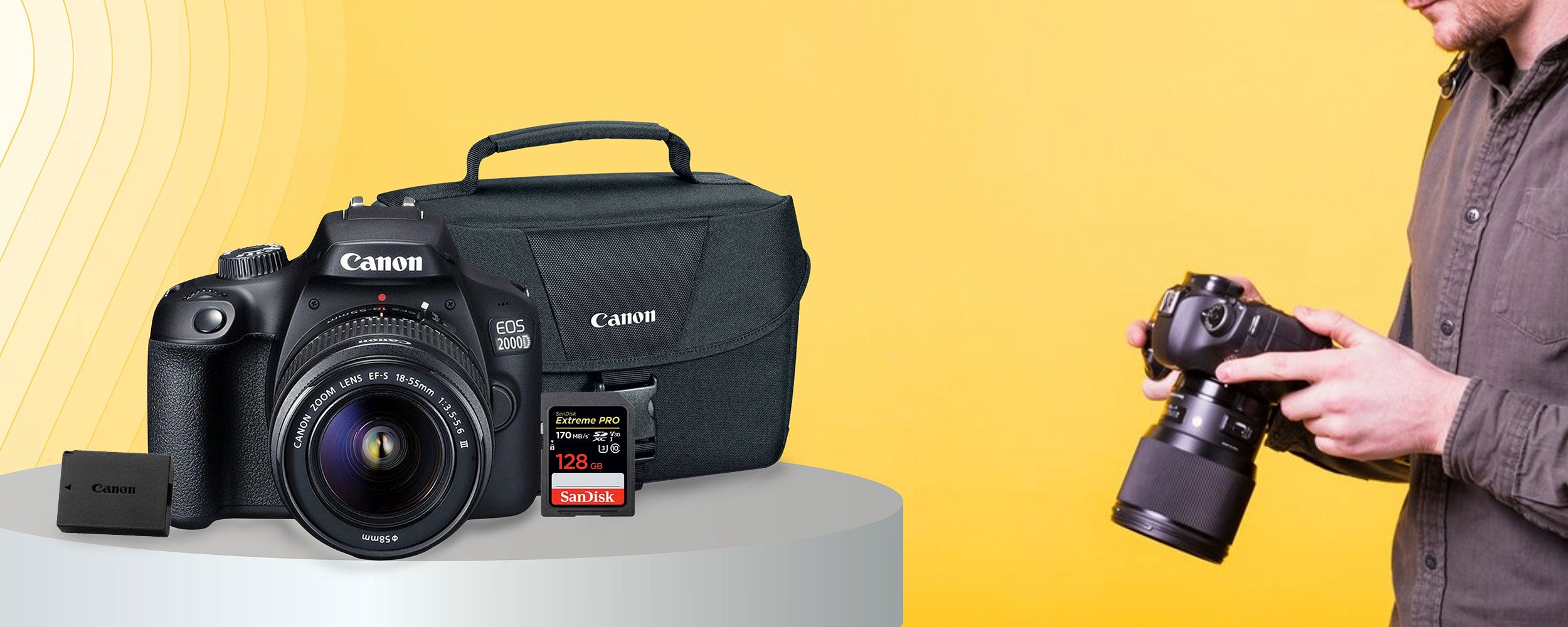 Banner promoting photography equipment, featuring a camera kit and a person actively using a camera