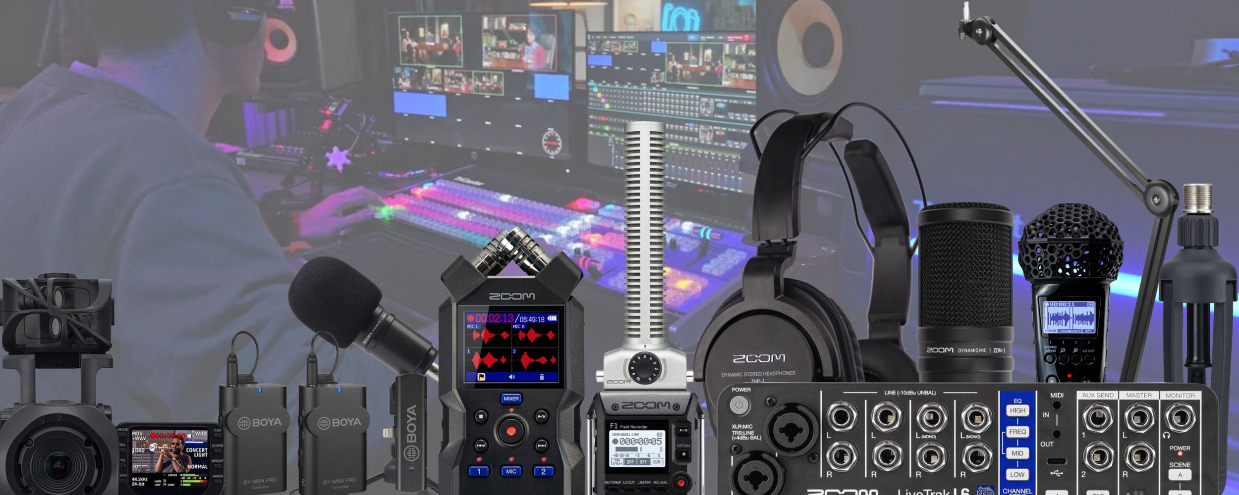 Banner for podcasting and recording gear, displaying audio equipment and a person engaged in production
