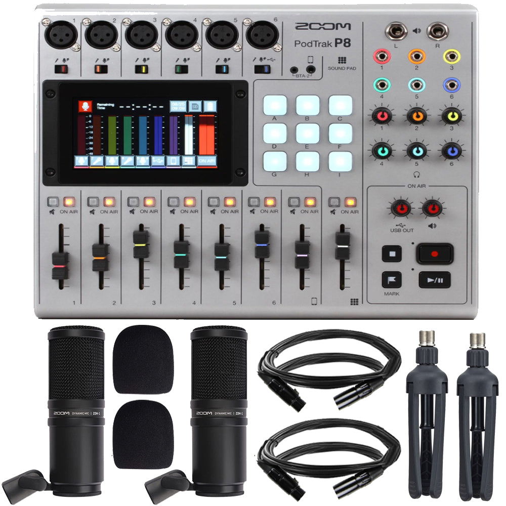 Zoom PodTrak P8 Portable Multitrack Podcast Recorder + Zoom ZDM-1 Dynamic Microphone Kit