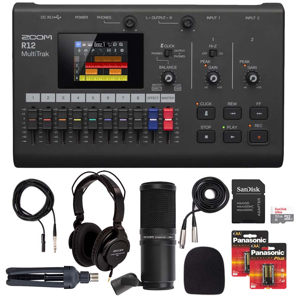 Zoom R12 MultiTrak Recorder + ZDM-1 Podcast Mic Pack Microphone, Headphones, Tripod, Windscreen & Cable Bundle
